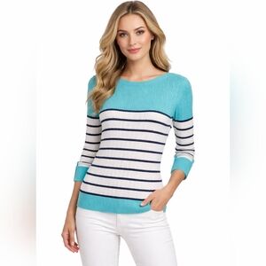 Karen Scott Teal Cable Knit Striped Boat Neck 3/4 Sleeve Sweater Top M